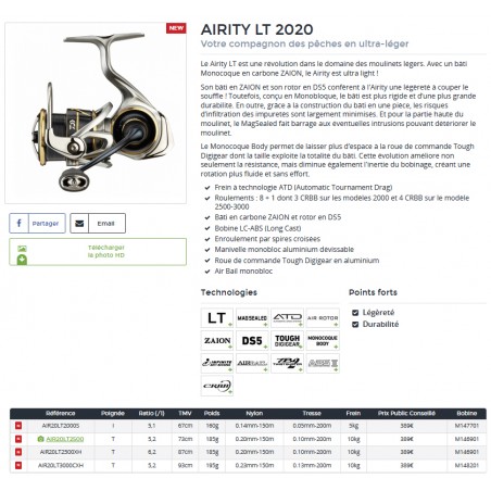 Moulinet Daiwa Airity LT 2020 - Modèle Air20LT3000CXH, M148201, Pêche Sportive
