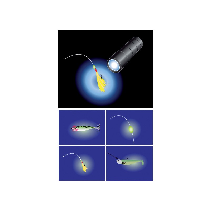 mini torche 12 led uv pour articles de pêche phosphorescents pecheur peche flashmer utilisation