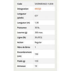 Caractéristiques Canne Slow Jigging Casting Sakura Mitsio 1.90 M 300 G 30 Lb MICSJ3 SASRK803663-1LB30 catalogue Sakura 2022