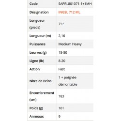 caractéristiques canne Ionizer G2 2.16 M 15-50 G INGSL 712 MH Canne Long Range Spinning SAPRL801071-1+1MH catalogue Sakura 2023