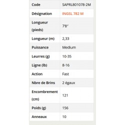 caracteristiques canne Ionizer G2 2.33 M 10-35 G INGSL 782 M Canne Long Range Spinning SAPRL801078-2M catalogue Sakura 2023
