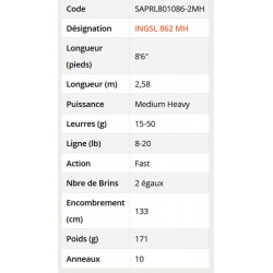 canne Ionizer G2 2.58 M 15-50 G INGSL 862 MH Canne Long Range Spinning SAPRL801086-2MH catalogue peche Sakura 2023