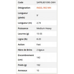 canne Ionizer G2 2.74 M 15-55 G INGSL 902 MH Canne Long Range Spinning SAPRL801090-2MH catalogue peche Sakura 2023