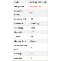 Caractéristiques Canne Casting Ionizer G2 1.98 M 14-100 G INGCP 662 XH Power Game Serie SAPRL801266-1+1XH nouveaute Sakura 2024