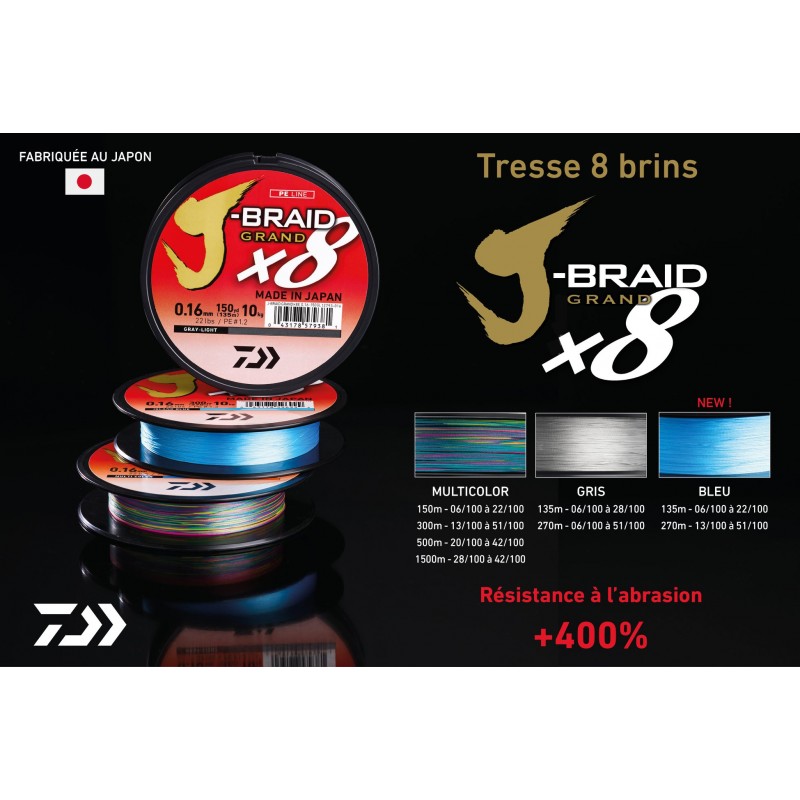 Daiwa J Braid Grand Tresse Pêche - 135m - 10/100 - Résistance 6kg - Gris